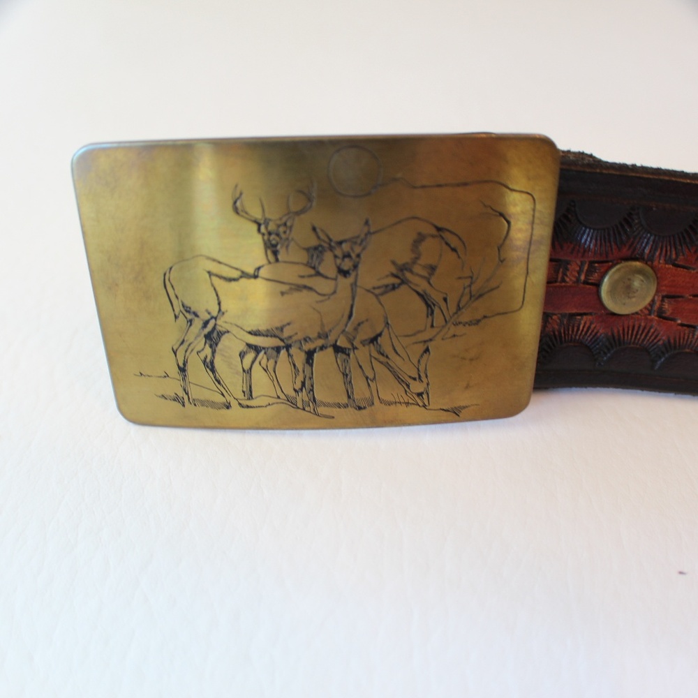 Ampersand Brass Buckle Belt Deer Design 39 Inches